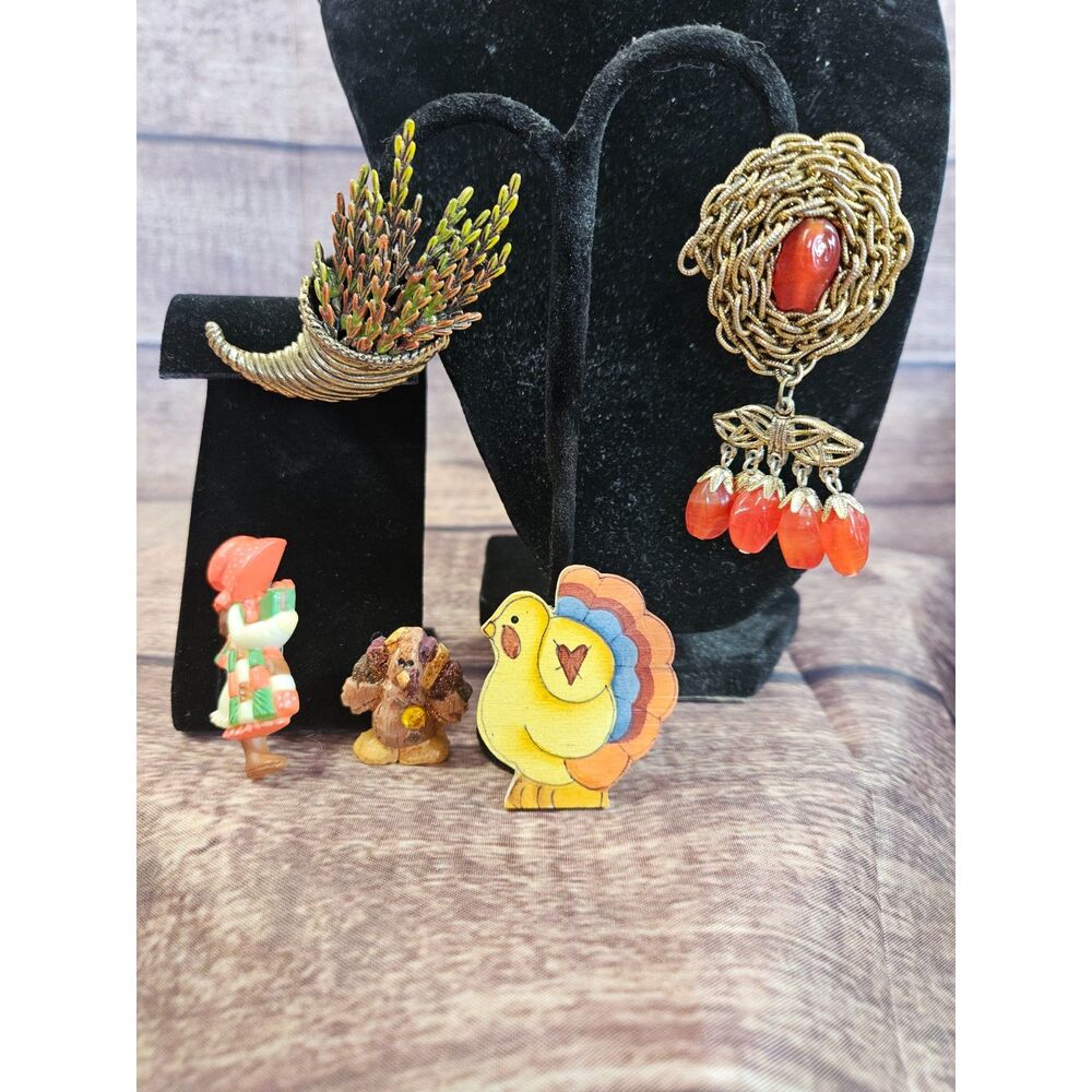 Lot of 5 Vintage Chain Filigree, Cornucopia Brooch, Turkey, & Holly Hobbie Pins